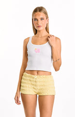 Carlie White Beaded Hibiscus Ribbed Tank Top
