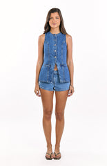 Dawson Mid Wash Denim Button Down Vest Top