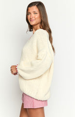 Delvey Cream And Red Contrast Stitch Chunky Knit Sweater