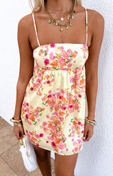 Elsa Yellow Bloom Satin Mini Dress