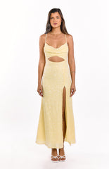 Fallon Yellow Sequin Cut Out Formal Maxi dress