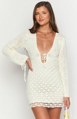 Helio White Crochet Long Sleeve Mini Dress
