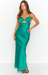 Hermitude Emerald Satin Maxi Formal Dress