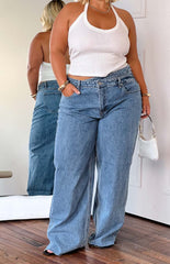 Kansis Blue Uneven Waist Jeans