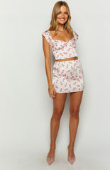 Maeva Pink Satin Tulip Print Mini Skirt