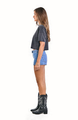 Mollie Mid Wash Denim Low Rise Stud Denim Shorts