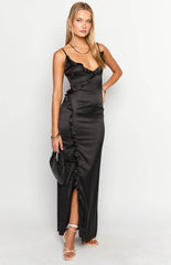 Nahanee Black Satin Ruffle Maxi Dress