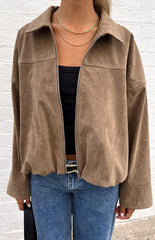 River Brown Suedette Bubble Hem Bomber Jacket