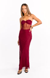Ryker Wine Strapless Mesh Maxi Dress