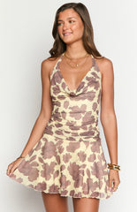Scenes Brown Anemone Floral Print Halter Mini Dress
