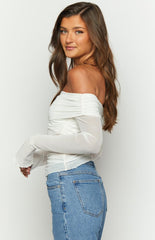Sky White Mesh Off Shoulder Top