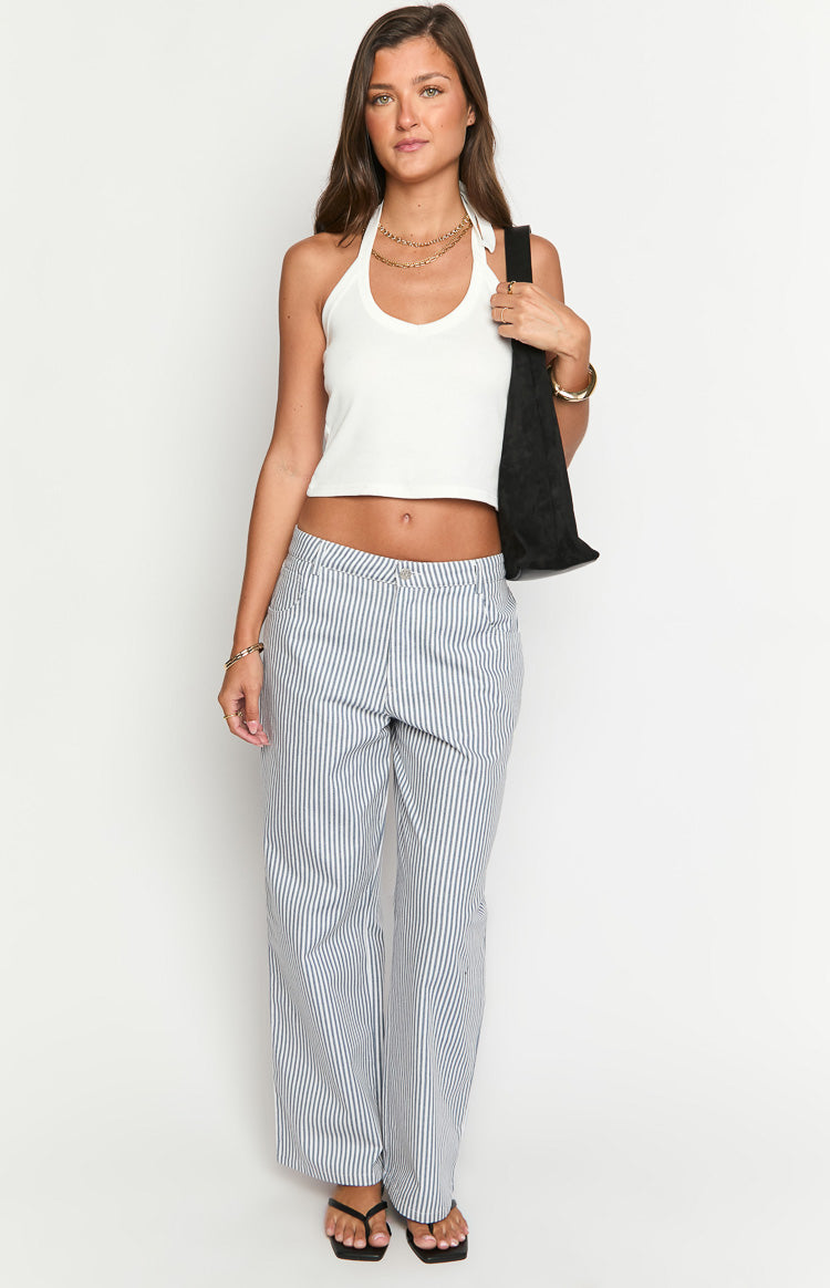 Amity Navy Stripe Mid Rise Straight Leg Jeans