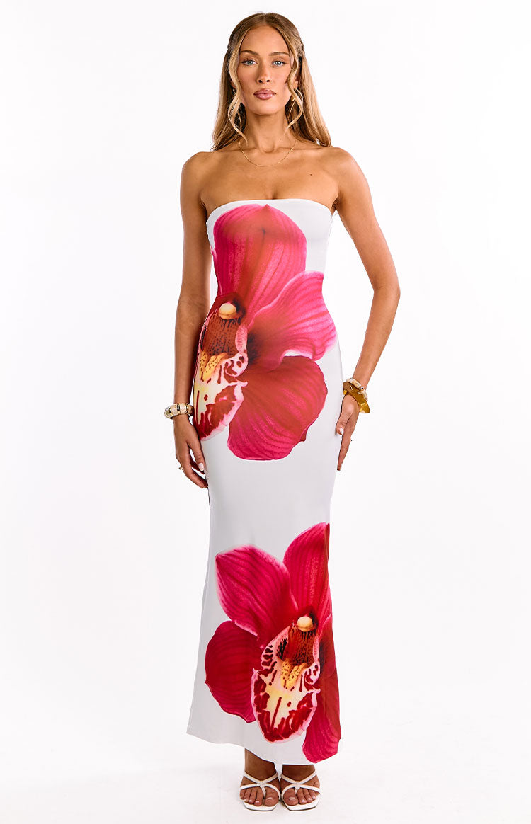 Arizona White Orchid Print Maxi Dress
