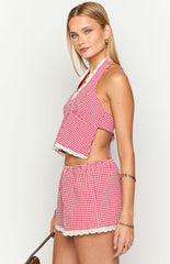 Arnie Red Gingham Broderie Lace Halter Top