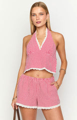 Arnie Red Gingham Broderie Lace Halter Top