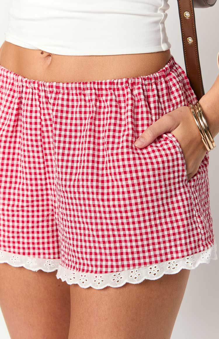 Arnie Red Gingham Broderie Lace Shorts