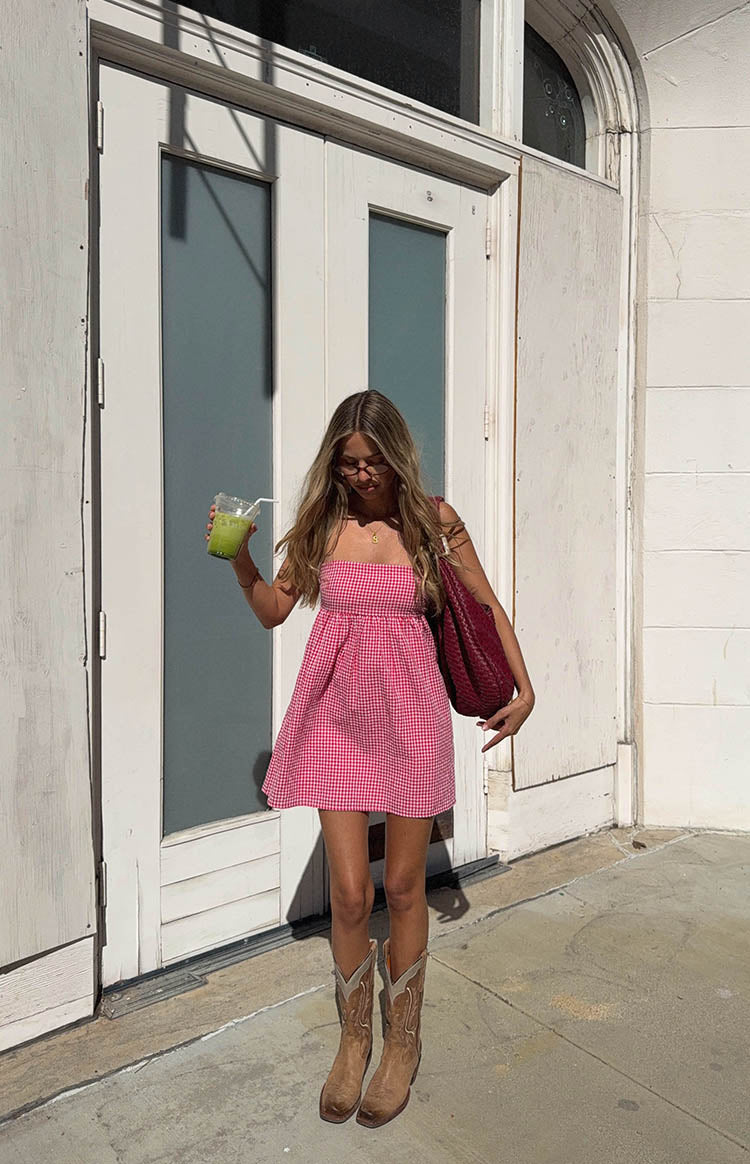 Berrie Red Gingham Strapless Mini Dress
