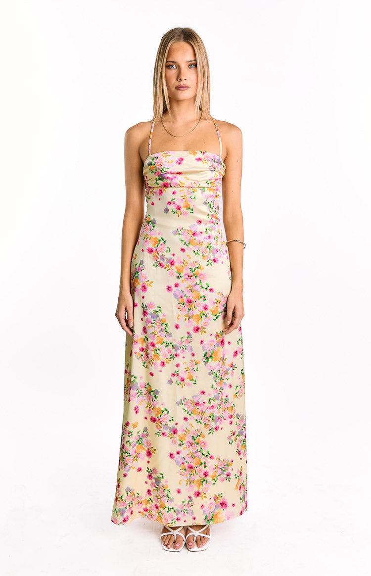 Blaise Yellow Bloom Satin Maxi Dress
