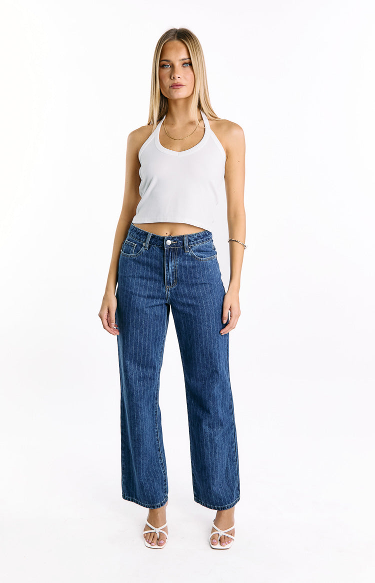 Calliope Pinstripe Mid Wash Mid Rise Slouchy Jeans
