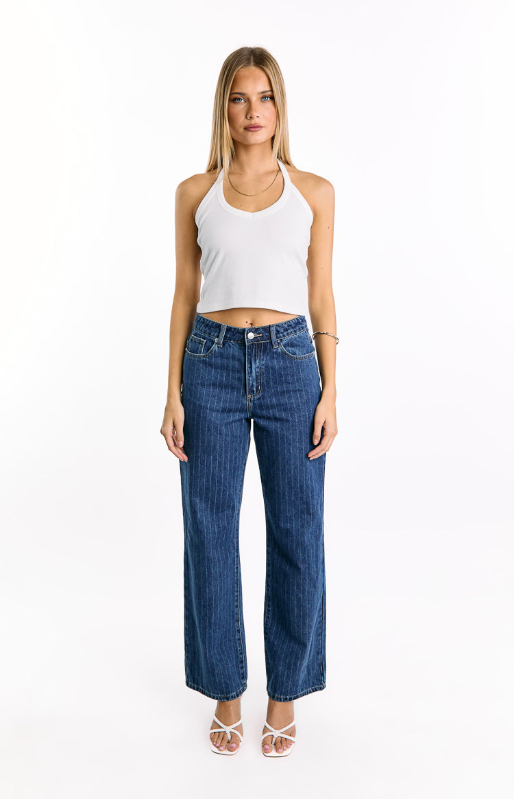 Calliope Pinstripe Mid Wash Mid Rise Slouchy Jeans
