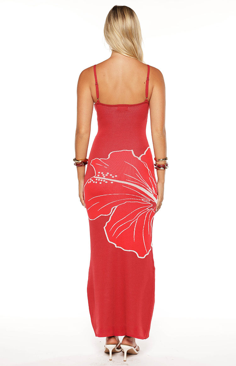 Carly Red Knit Hibiscus Print Maxi Dress