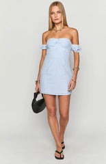 Charlie Blue Striped Off Shoulder Mini Dress