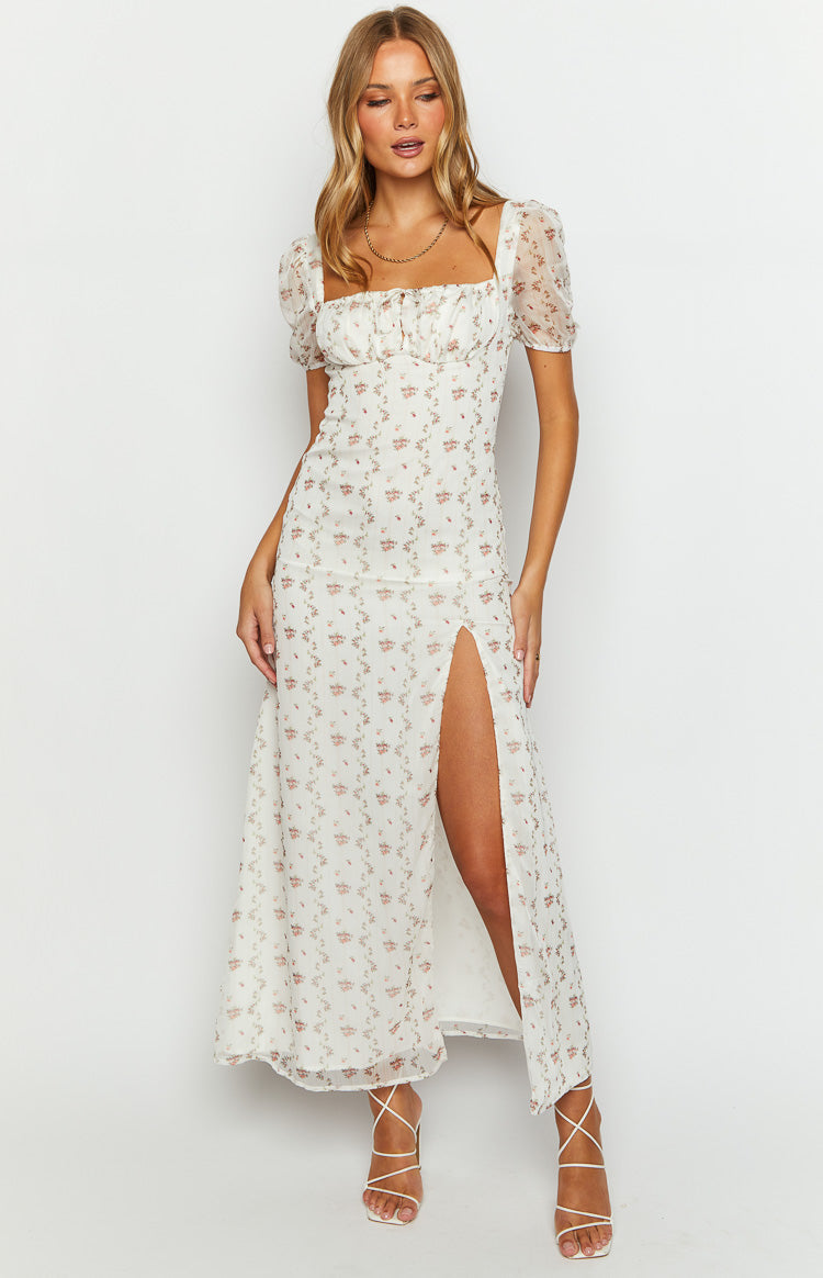 Clydie White Floral Cap Sleeve Midi Dress