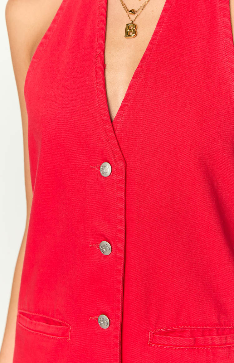 Corbin Red Denim Halter Neck Mini Dress