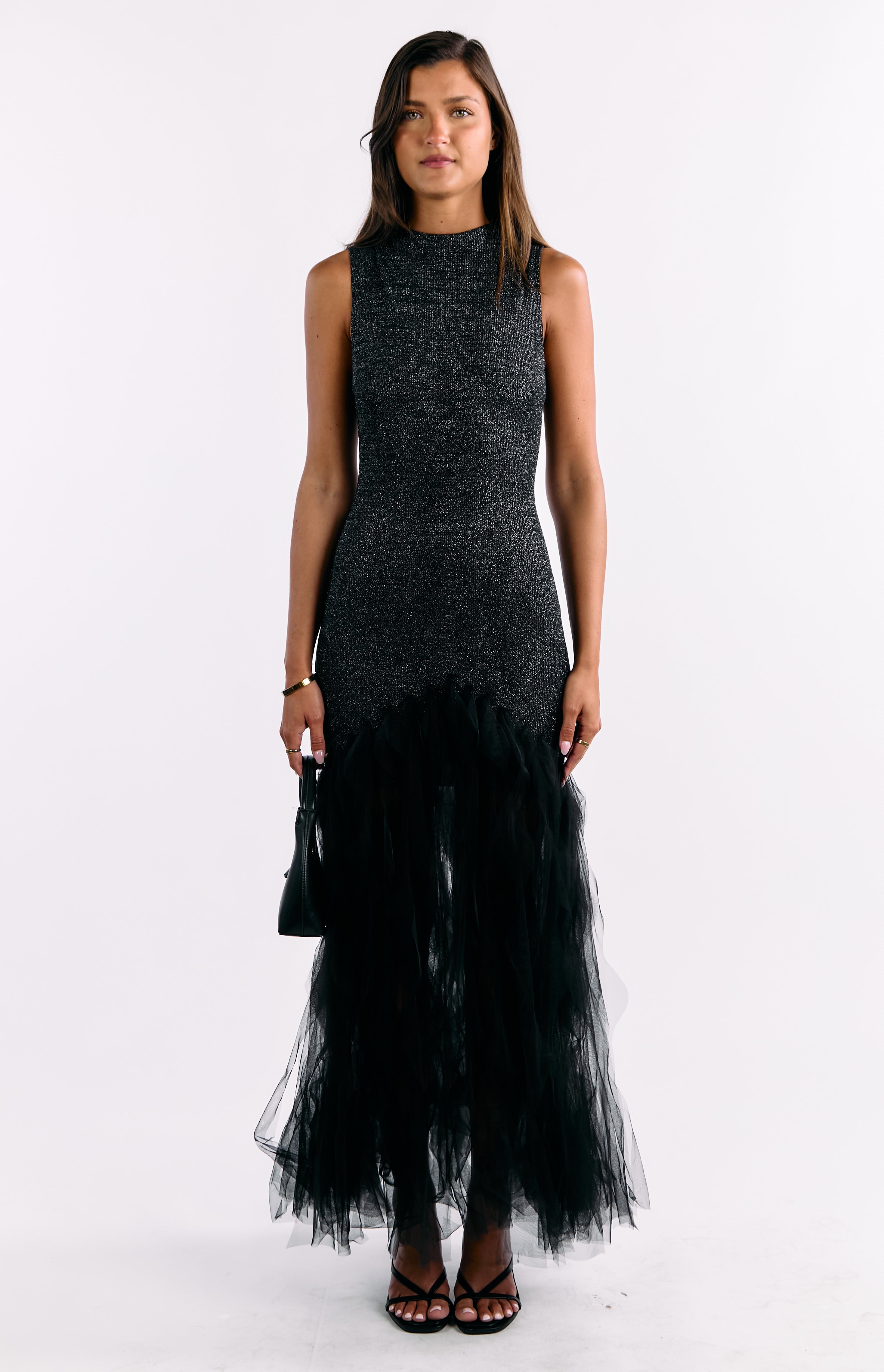 Courtni Black Sequin Ruffle Maxi Dress