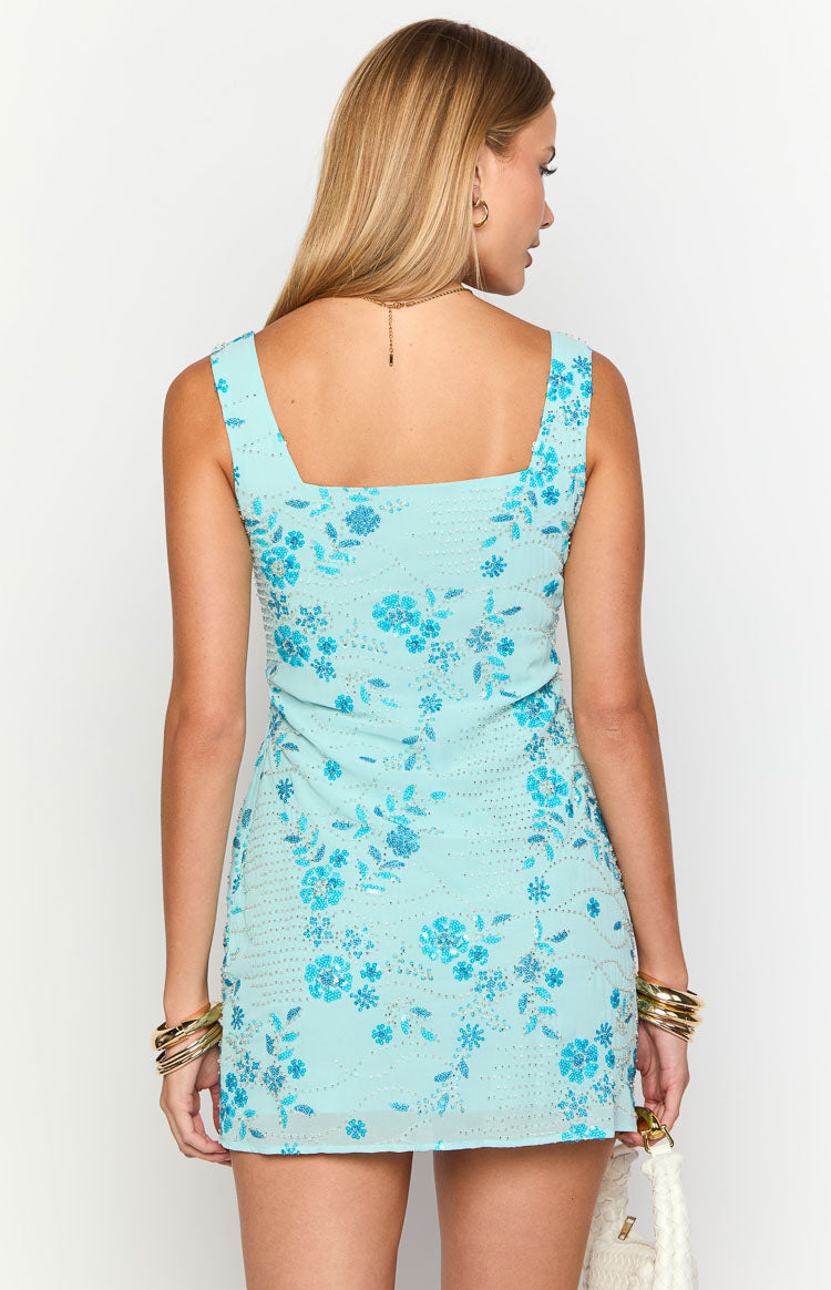 Curren Blue Beaded Mini Dress