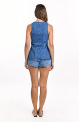 Dawson Mid Wash Denim Button Down Vest Top