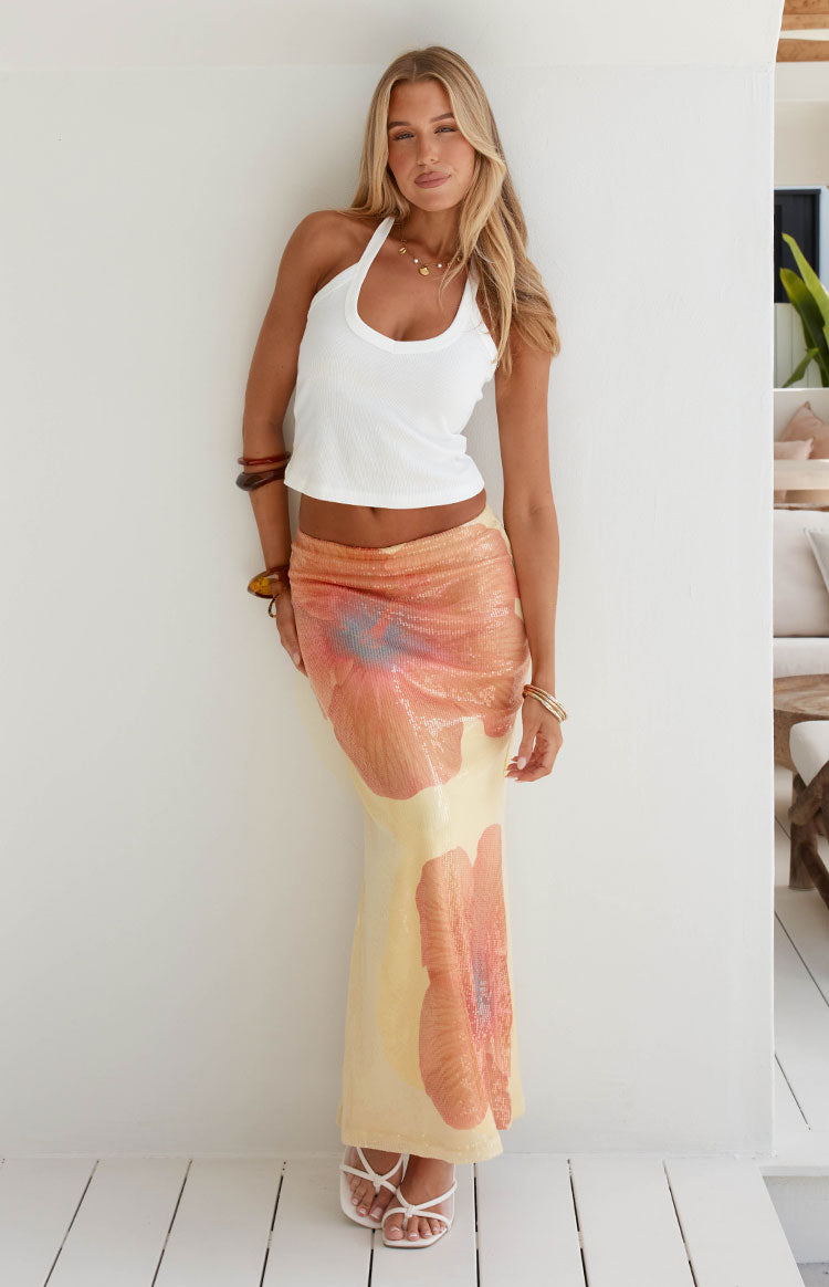 Denzel Yellow Floral Sequin Maxi Skirt