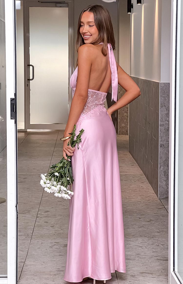 Divandi Pink Lace Halter Neck Formal Maxi Dress