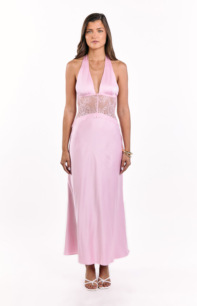 Divandi Pink Lace Halter Neck Formal Maxi Dress