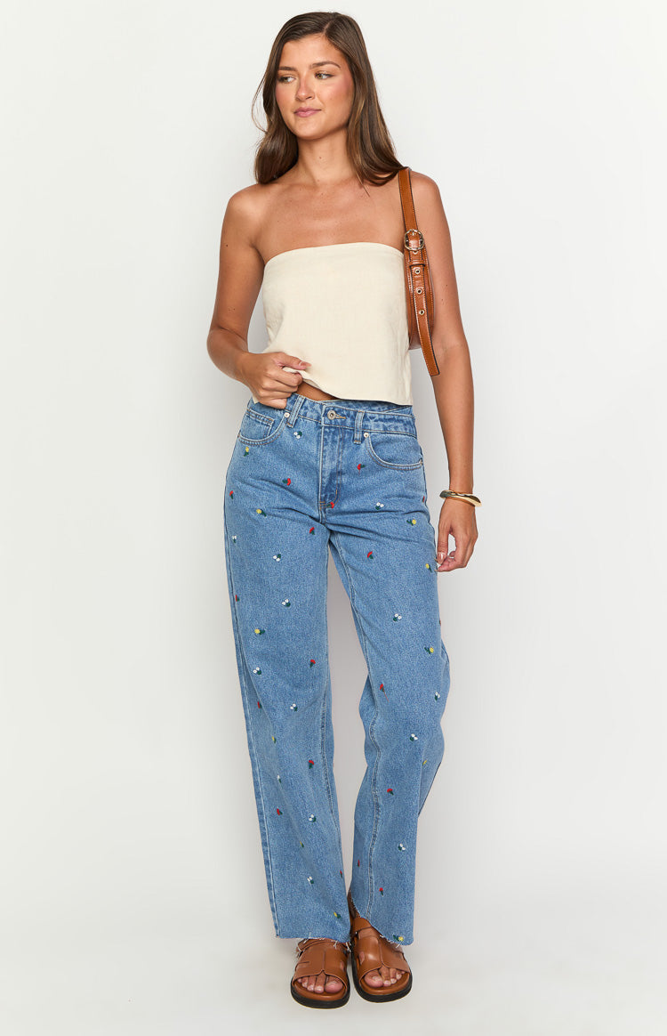 Kansis Blue Embroidered Uneven Waist Jeans