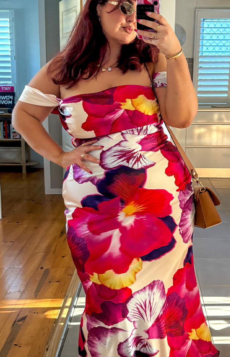 Ella Pink Floral Print Off Shoulder Formal Dress