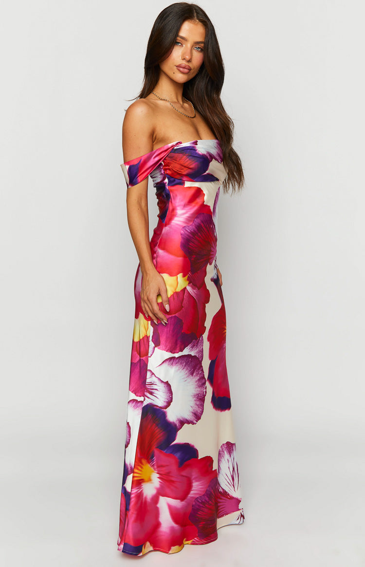 Ella Pink Floral Print Off Shoulder Formal Dress