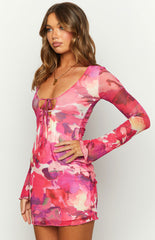 Emalie Pink Long Sleeve  Mini Dress