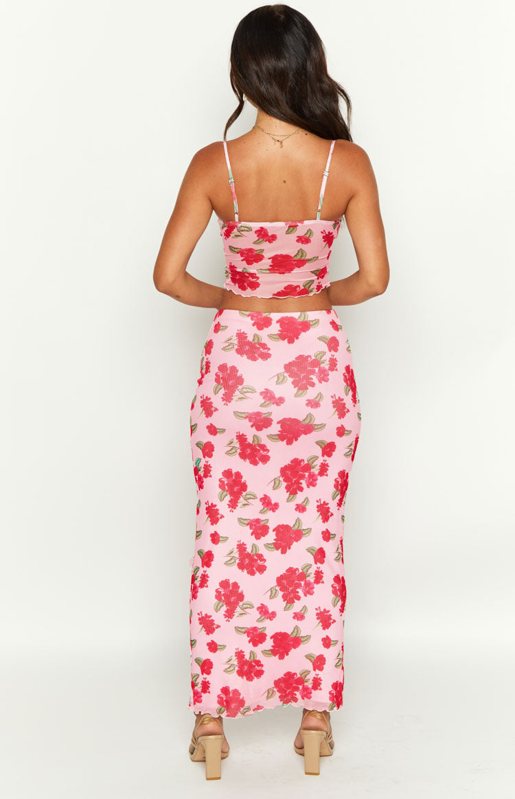 Emz Pink Floral Mesh Midi Skirt