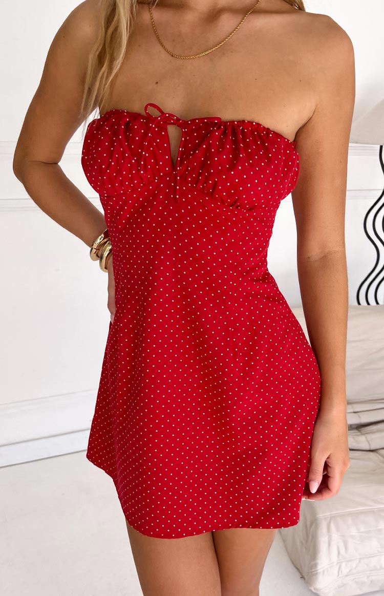Faith Red Polka Dot Strapless Mini Dress