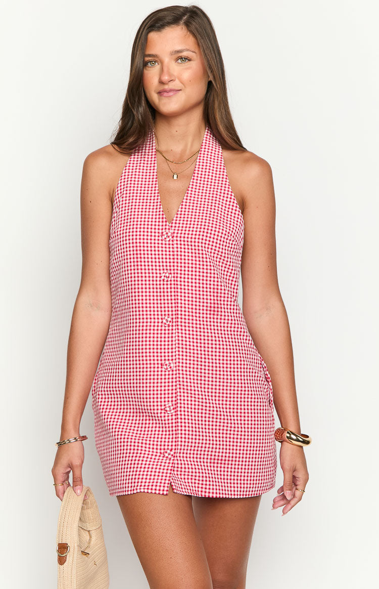 Felix Red Gingham Halter Mini Dress