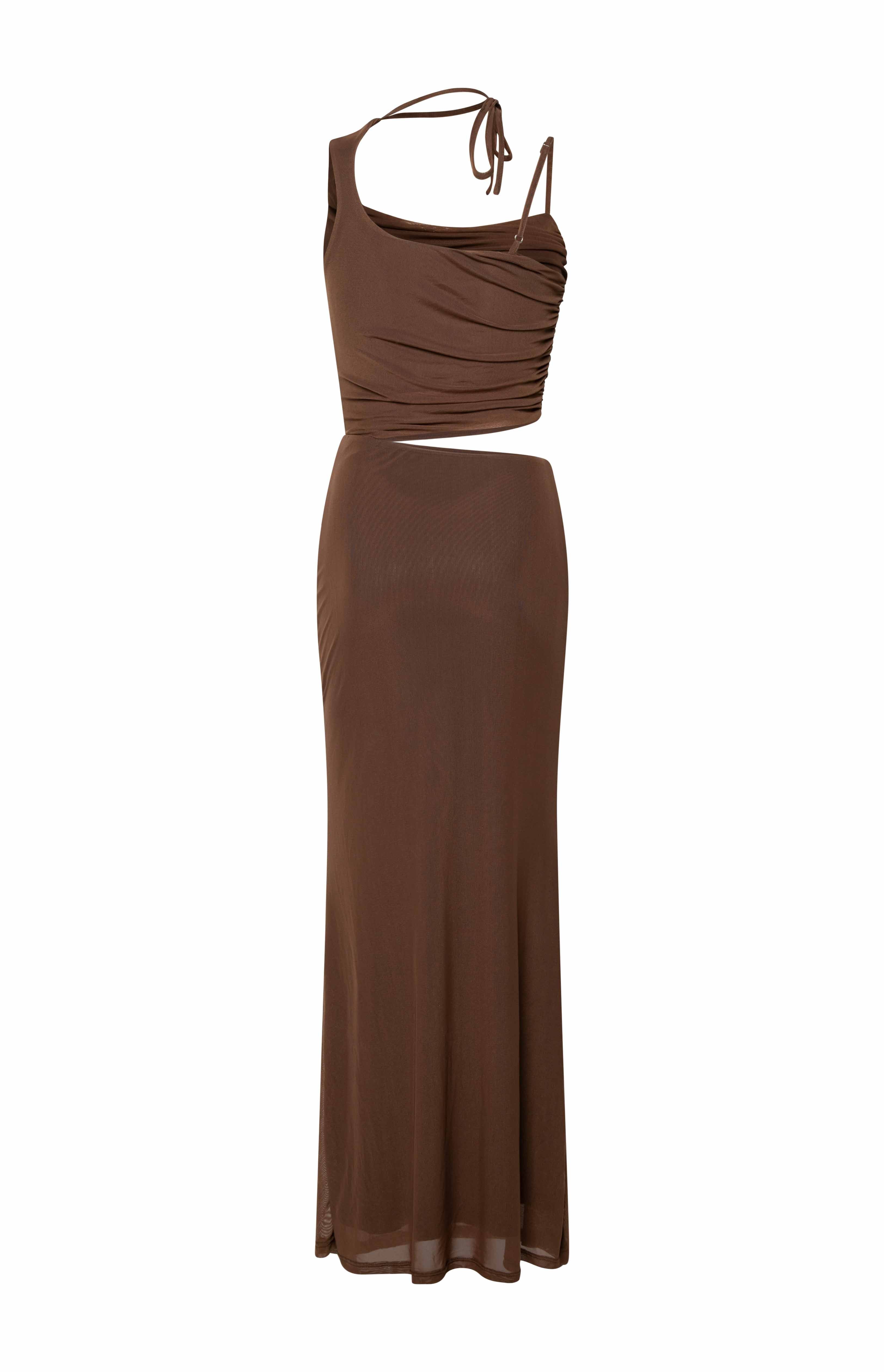 Graciela Brown Tie Neck Mesh Maxi Dress