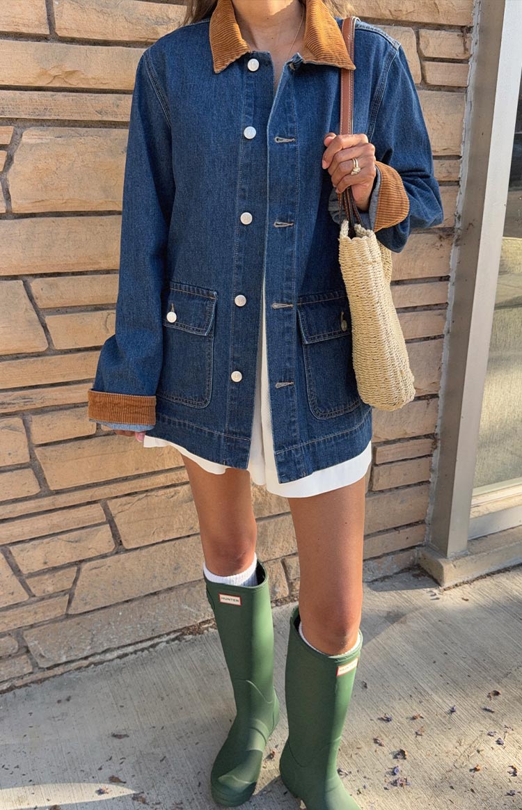 Hendrick Mid Wash Denim Cord Trim Oversized Jacket