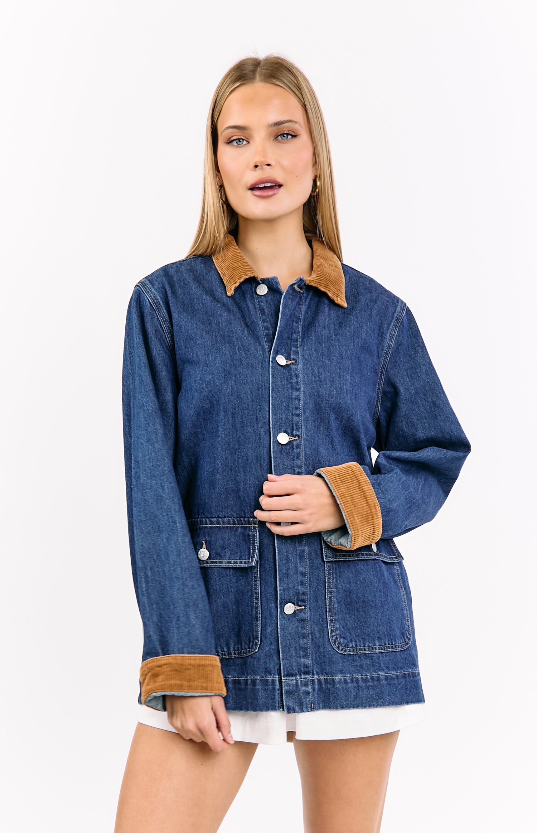 Hendrick Mid Wash Denim Cord Trim Oversized Jacket