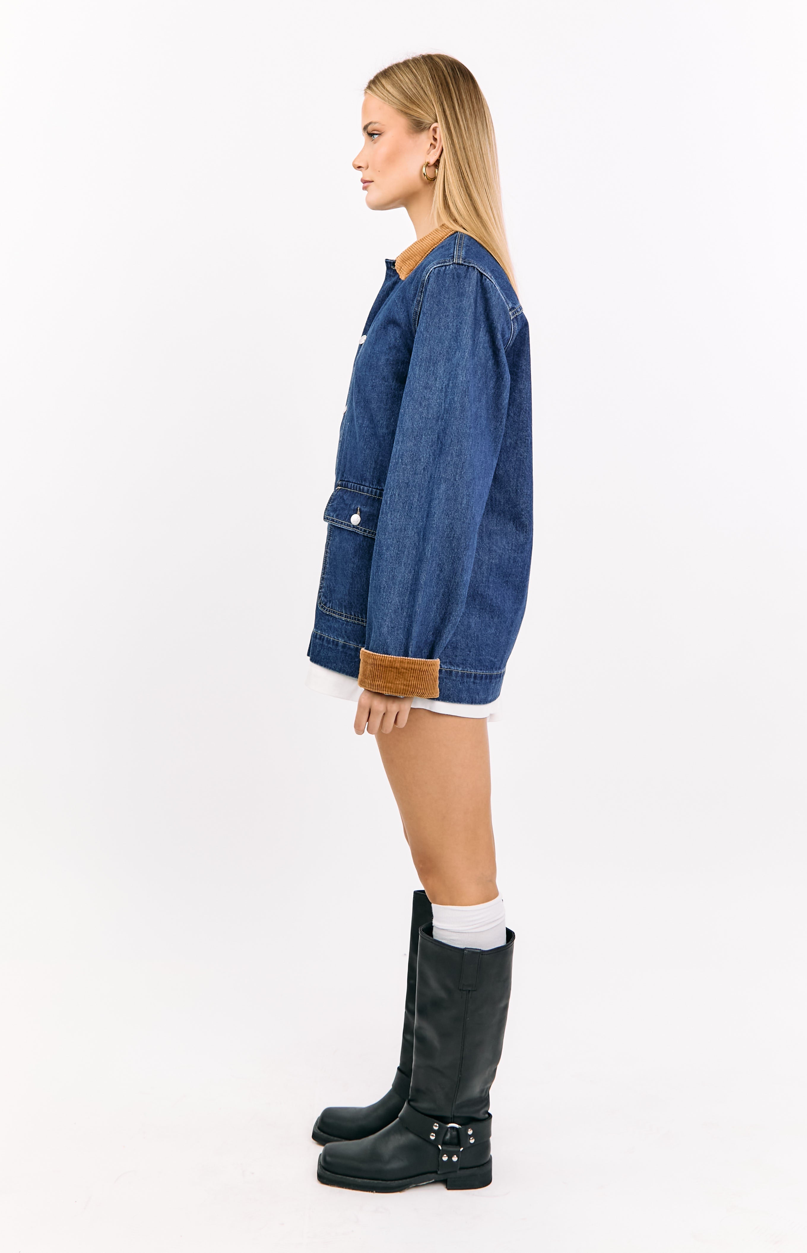 Hendrick Mid Wash Denim Cord Trim Oversized Jacket