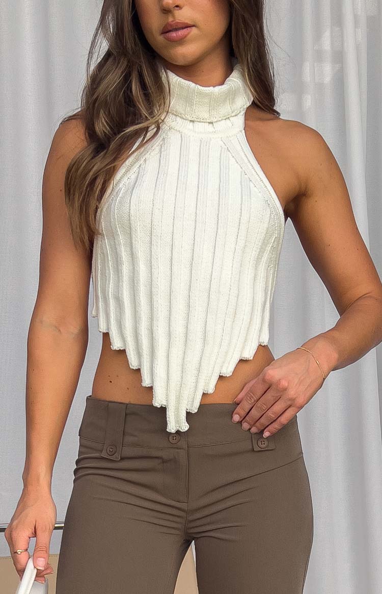 Izi White Knit High Neck Top