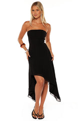 Jannah Black Strapless Hanky Hem Midi Dress - PRE ORDER