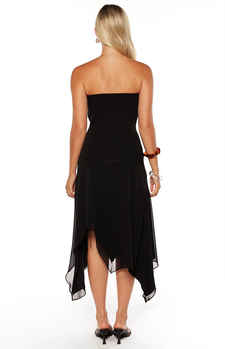 Jannah Black Strapless Hanky Hem Midi Dress - PRE ORDER
