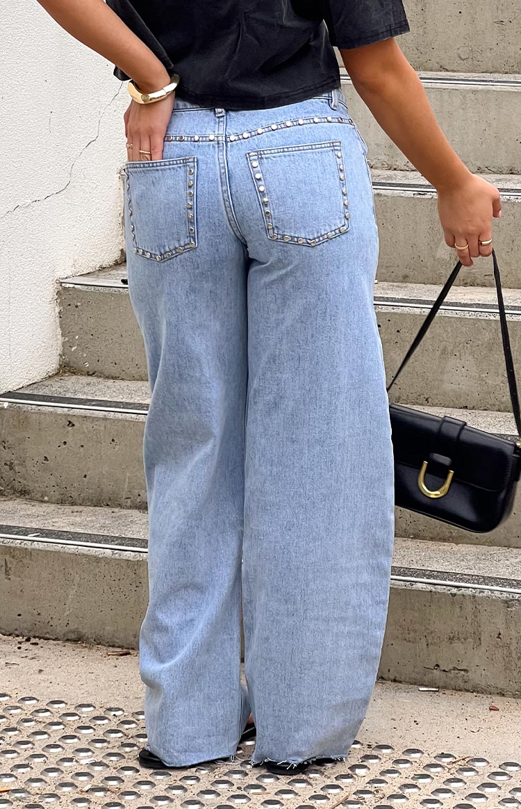 Jannina Light Wash Denim Studded Low Rise Jeans