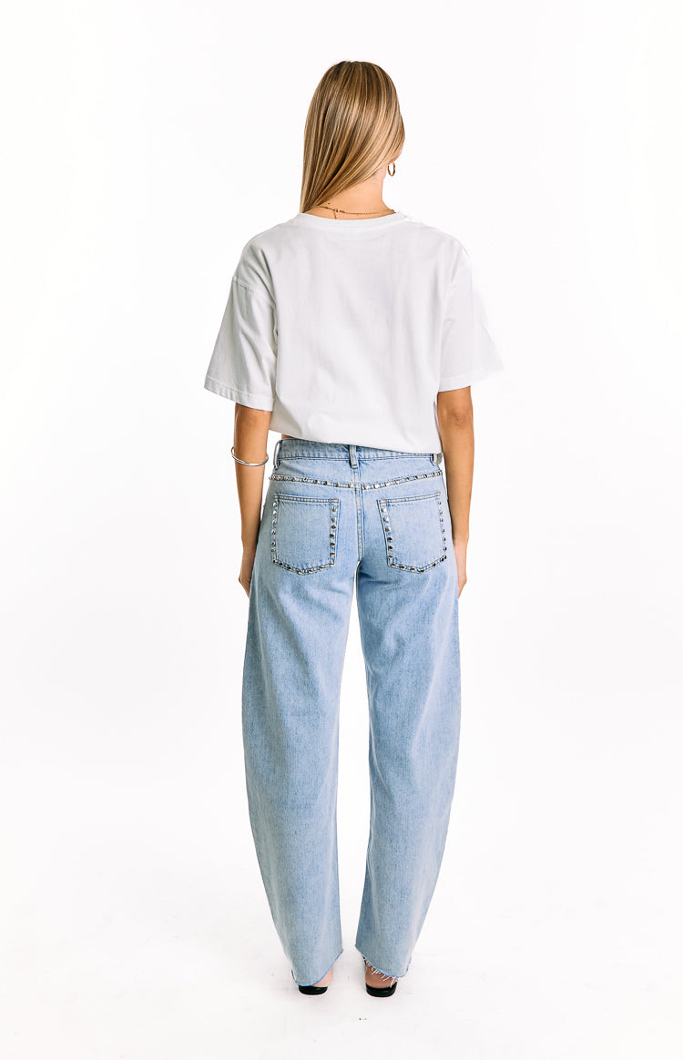 Jannina Light Wash Denim Studded Low Rise Jeans